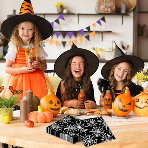 60 Pack Halloween Spider Web Paper Napkins – 13 x 13 Inch 2-Ply Disposable Black and White Spider Web Napkins for Halloween Party, Haunted House and Spooky Table Decorations