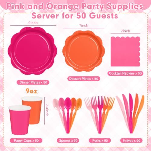 350 Pcs Pink and Orange Party Plates and Napkins - Hot Pink Orange Party Decoration Tableware set Include Sunset Tropical Scalloped Plate Napkin Cup & Cutlery for Baby Shower, Wedding, Birthday