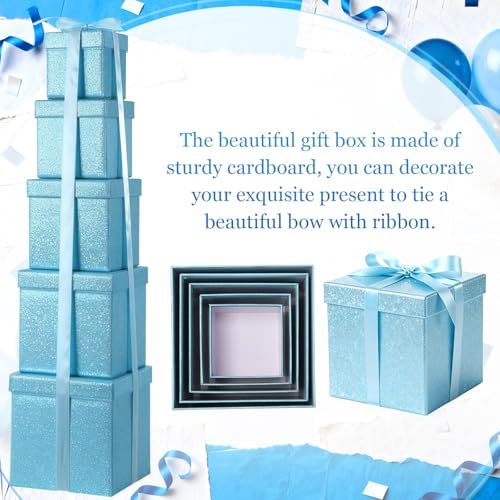 Cholemy 5 Pcs Square Nesting Boxes with Lid Assorted Sizes,Light Blue