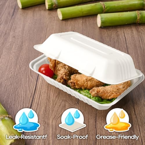 Turbo Bee 75 Pack White Compostable Take Out Containers, 9x6 Disposable Food Containers with Lids, Heavy Duty Clamshell To Go Boxes for Restaurant, Catering, Meal Prep & Lunch