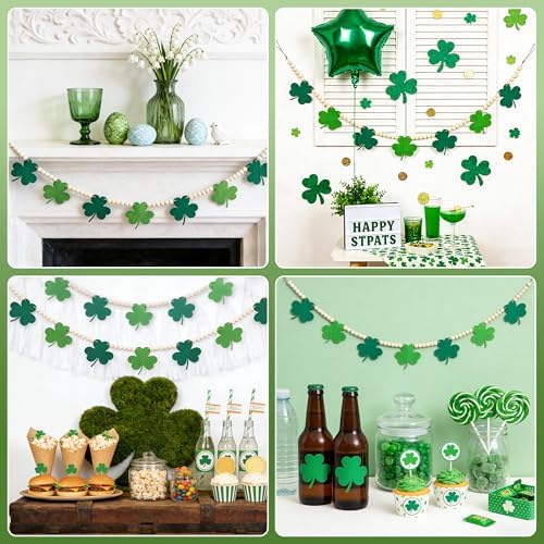 St. Patrick's Day Garland St. Patrick's Day Decorations Shamrock Garland Felt Shamrock Banner with Wooden Beads Lucky Green Garland for Saint St Patricks Day Decor Home Fireplace Mantel Wall Decor