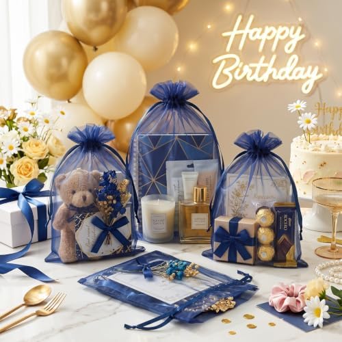 FUNFERY 100PCS Navy Blue Organza Gift Bags 5x7in,Drawstring Jewelry Pouch