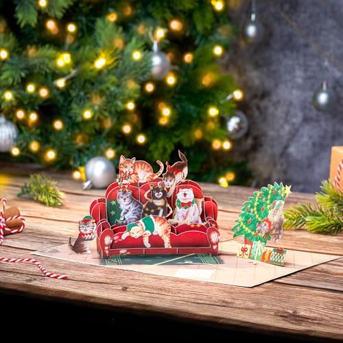 POPWOW Christmas Sofa Cats Pop Up Card, Meowy Christmas, Xmas Tree, 3D Greeting Card, Gift for Cat Person, Kid, Boy, Girl, Sister, Brother, 5x7 - Includes Envelope And Message Note