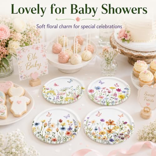 48 Pcs Wildflower Paper Plates, 7 Inch Floral Dessert Plates