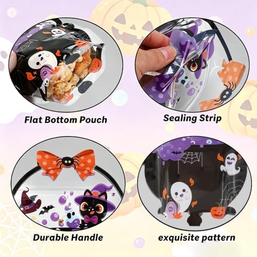 Halloween Treat Bags 24 PCS Plastic Flat Bottom Ziplock bags with Handle(7.3x10.4 Inch) Halloween Trick or Treat Bag Candy Goodie Snack Goody Gifts Wrap Pumpkin Ghost Spooky Party Favors Supplies
