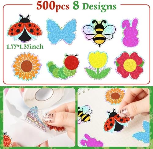 500Pcs Spring Stickers Roll Holographic Laser Flower Butterfly Bee Waterproof Self-Adhesive Decals Summer Garden Seasonal DIY Crafts Teacher Rewards Gifts for Water Bottles Scrapbooking Decoration
