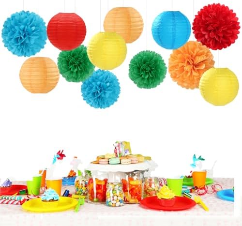 Rainbow Colorful Party-Decorations Paper-Flowers - 15pcs Welcome Back to School Tissue Pom Poms Lanterns Streamers,Carnival Video Game Kids Birthday Graduation Baby Shower Hanging Supplies Hugfond