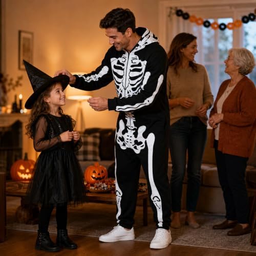 Skeleton Halloween Costume for Men & Women, Double-Sided Zip Hood Jumpsuit
