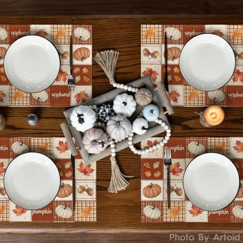 Artoid Mode Pumpkin Maple Leaf Plaid Fall Placemats Set of 4-12 x 18 Inch