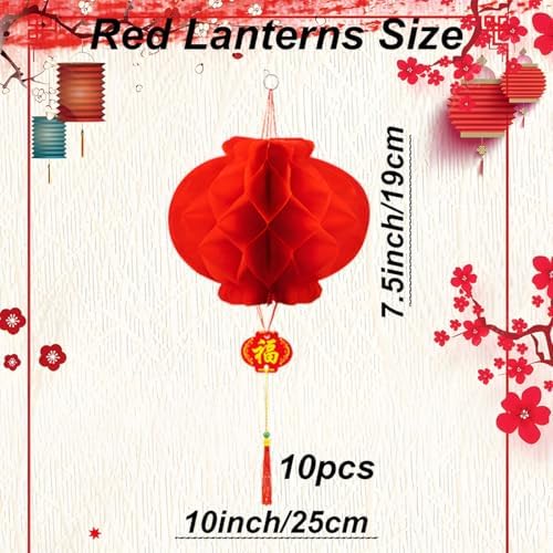 10Pcs Chinese Lanterns - Round Hanging Chinese New Year Lantern Lunar New Year Decorations 2026 - Red Chineses Lanterns for Lunar News Years, Wedding, Celebration, Lantern Festival Festive Decoration