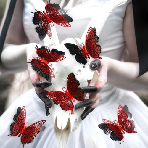 Halloween 3D Butterfly Wall Decor Party Rose Butterfly Sticker Decoration 3.85x4.6 inche Red Black Double Deck Removable Sticker for Birthday Party Backdrop Wedding Photo Booth Decor-6pcs
