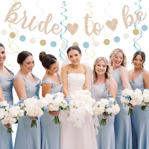 Light-Dusty Blue Beige-Champagne Bridal-Shower Party-Decorations - 31pcs Bride to Be Banner,Boho Neutral Bachelorette Paper Lanterns,Wedding Garland,Tissue Pom Poms Flower Fan Decor Supplies Burgleda
