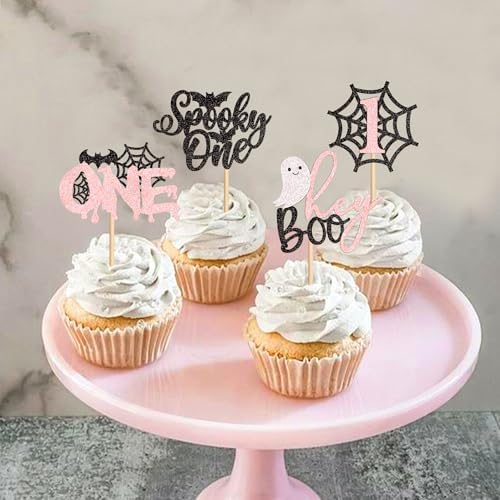 Ercadio 24Pcs Pink Spooky One Halloween Cupcake Toppers Ghost Spider Webs Cupcake Picks for Halloween Party Decorations Black Pink Halloween Girls Spooky One Birthday Cupcake Decorations