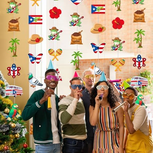 Spakon 8 Pcs Puerto Rico Garlands Puerto Rican Party Hanging Decorations Hibiscus Garlands Banners Frog Paper Cutouts for Birthday Festivals Party Ceiling Wall Decor