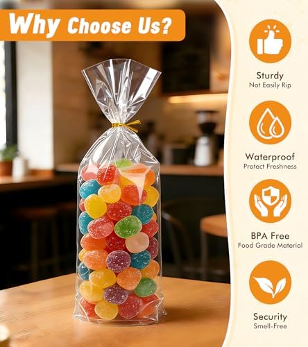 Flat Bottom Cellophane Bags with Twist Ties, 100 Pcs 5x3x12 Inches Cellophane Wrap for Gift Clear Cello Bags Flat Bottom Clear Treat Bags Plastic Packaging for Cookie Candy Goodie (No Side Gusset)