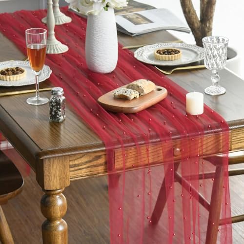 Artoid Mode 3-Pack Pearl Red Gauze Table Runner 10FT Home Decor