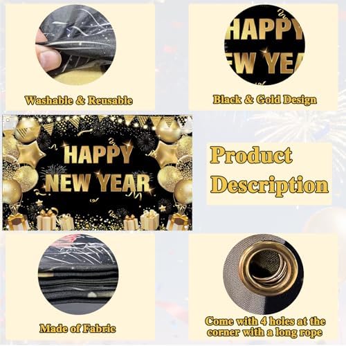 2026 Happy New Year Banner Backdrop Fabric Black Gold Design for Photo Booth Background New Years Eve Party Decorations 71 x 43 inch