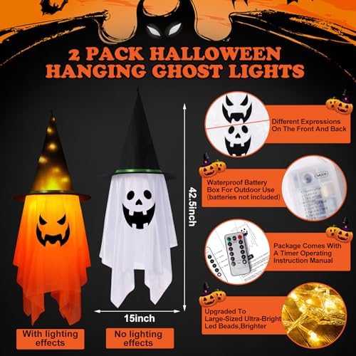 Halloween Decorations Outdoor,2 Pcs Large Lighted Glowing Ghost Witch Hats