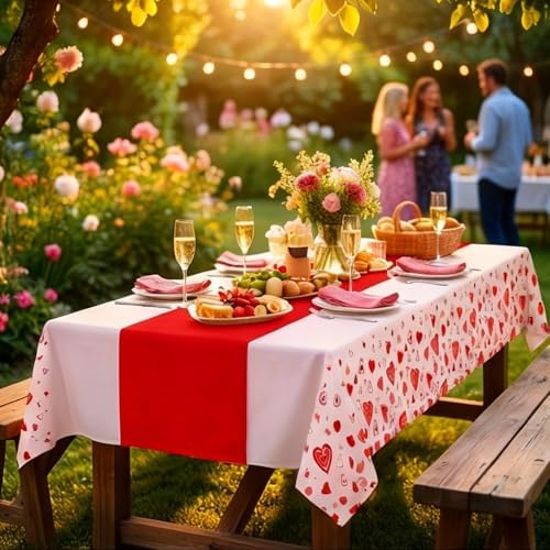 Valentine's Day Tablecloth 3-Pack, 54x108 Inch Disposable Plastic Table Covers, Red Heart Themed Decor for Romantic Party, Wedding, Anniversary, and Valentine's Day Table Decorations
