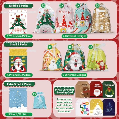 Koncci 34Pcs Christmas Gift Bags, Assorted Sizes Extra Large Medium Small