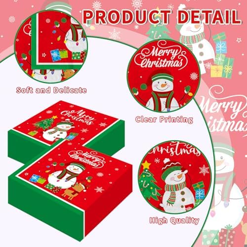 50 Pcs Merry Christmas Napkins - 13 Inch Disposable Christmas Napkins Paper, Snowman Xmas Cocktail Napkin Dinnerware Set for Xmas Party Decorations Tableware Supplies Table Decor Favors