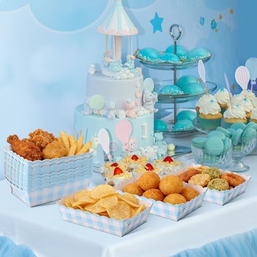 Funnymoom 48 Pcs Gingham Party Supplies Light Blue Plaid Paper Food Trays