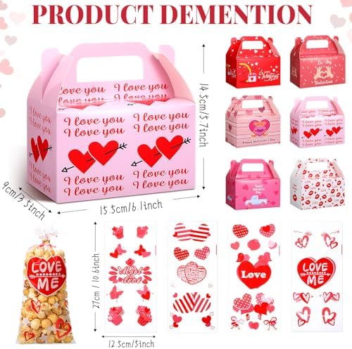 ReliThick 80 Pack Valentine's Day Treat Box with Cellophane Bags Heart Goodie Cookie Candy Boxes for Treats Valentine Gift Bag for Party(Chic)