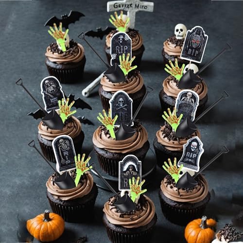 60 PCS Halloween Cupcake Toppers Tombstone Cupcake Picks Novelty Mini Shovel Spoons Horrible Gravestone Skeleton Zombie Hands Cake Decorations for Halloween Theme Zombie Birthday Party Supplies