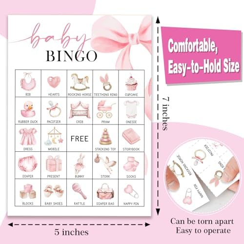 Pink Bow Baby Shower Bingo for 24 Players, Fun Gender Reveal Party Game