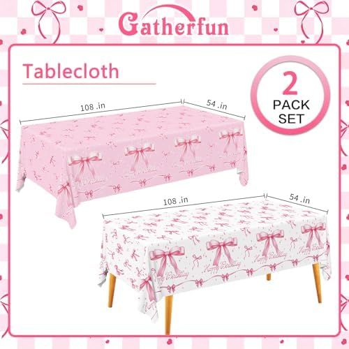 Gatherfun Pink Bow-Themed Party Supplies Set for Women: Happy Birthday & Bachelorette Decorations Combo - Includes 2 Disposable Tablecloths (54 x 108 inch) for Birthday & Tea Party Decorations