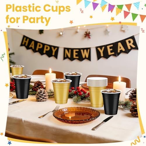 100 Pcs Gold and Black Plastic Cups, 12 oz Disposable Cups