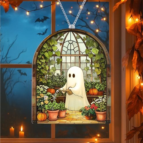Halloween Stained Glass Ghost Plant Ornament, Suncatcher Decor