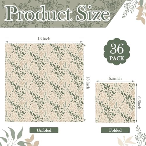 Yexiya 36 Sheet 6 Style Green Floral Paper Napkins for Decoupage