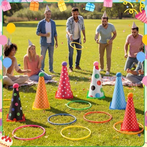 Seenelling 24 Pcs Plastic Ring Toss Game, Birthday Party Game 6 Birthday Hat Cones and 18 Colorful Rings Outdoor Sport Toss Toys Backyard Lawn Cone and Ring for Family Party Activities
