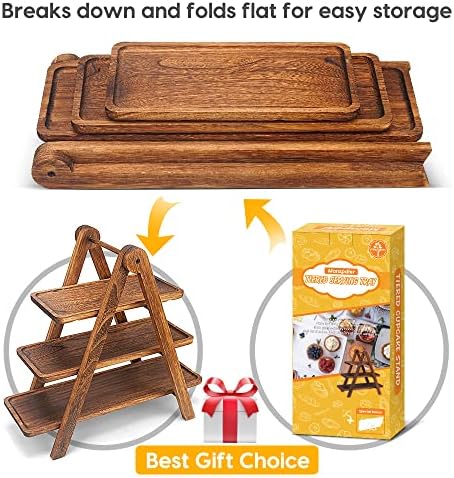 Manspdier Extra Large Wood 3 Tier Serving Tray Three Tiered Cupcake Stand, Rectangle Serving Platter Wooden Farmhouse Tiered Tray, Party Serving Brown Decorative Tray Decor