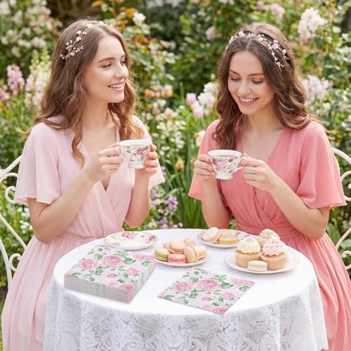 Natnarr Pink Floral Paper Napkins, 50 Pack, 6.5 x 6.5 Inch