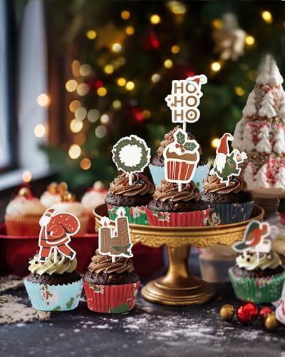Bake Choice Standard 200 Pcs Christmas Cupcake Liners with 12 Pcs Cupcake Toppers, Christmas Muffin Liners, Baking Cups for Xmas Holiday Party Favors