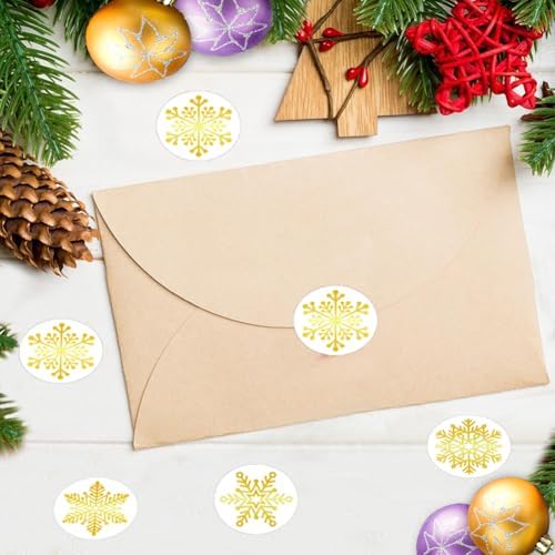 500Pcs Christmas Stickers Roll for Cards 6 Designs Gold Foil Snowflake Stickers Clear Xmas Winter Holiday Round Adhesive Label Stickers Decal for Xmas Envelopes Invitations Cards Gifts Decor