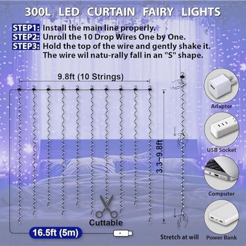 HXWEIYE 300LED Fairy Curtain Lights, 9.8x9.8Ft USB, Remote, 8 Modes & Timer