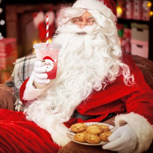 Whaline 50 Pcs 12 Oz Christmas Disposable Plastic Cups with Lids and Straws Santa Claus Face Cold Beverage Drinking Cups for Winter Xmas Birthday Party Supplies