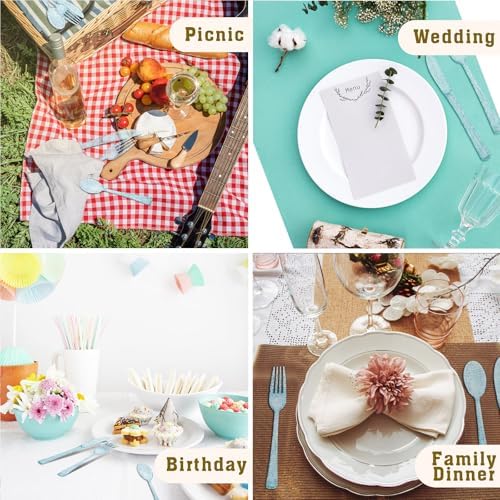 150 Pack Blue Plastic Silverware, Blue Glitter Silverware Plastic Utensils Set Includes 50 Forks, 50 Knives, 50 Spoons for Brithday, Baby Shower, Picnic