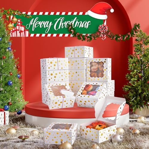 32Pcs 6x6x3 in Christmas Cookie Boxes with Window, White Gold