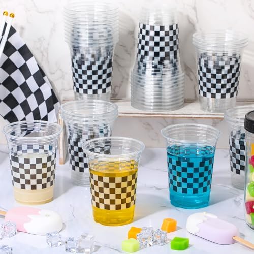50 Pcs Bee Party Cups 16 oz, Black and White, Race Car