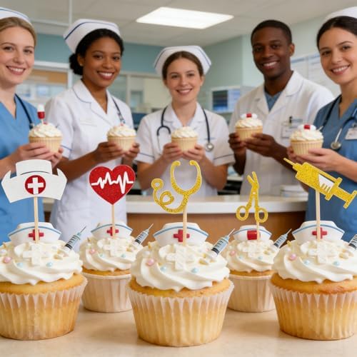 Nurse Cupcake Toppers, 24 PCS Glitter Nurses Week Cupcake Picks, Nursing School Graduation Food Picks Cupcake Toppers Cake Decorations for National Nurse Day Nursing Graduation Congrats Party Supplies