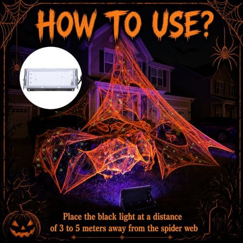 1100 Sqft Halloween Glow Orange Stretch Cobweb with Glow Spiders and Light