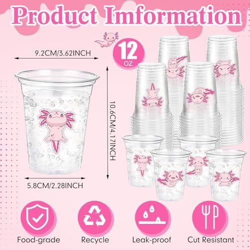 Funnymoom 60 Pack Pink Axolotl Plastic Cups for Birthday Decorations, 12 oz