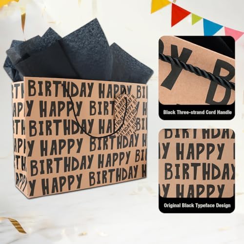 JAYTEM Birthday Gift Bag, 16.5" Kraft Paper Large Gift Bag, Classic Black Lettering Design Happy Birthday Bag Set with Greeting Card, Tag, Envelope & Tissue Paper for Men, Boys, Kid
