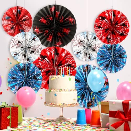 Outus 9 Pcs Spider Paper Fans Themed Birthday Party Hanging Decor
