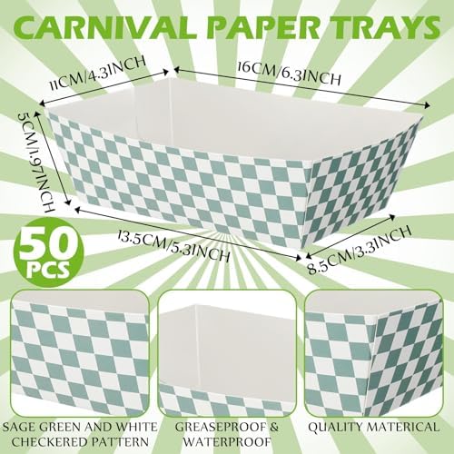 Geosar 100 Pcs Gingham Paper Food Tray with Wax Paper,Green White
