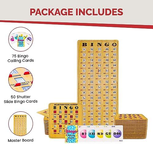 MR CHIPS Jam-Proof Bingo Cards with Sliding Windows, 50 Reusable Shutter Cards, 75 Calling Cards 1 Master Board in Woodgrain Style